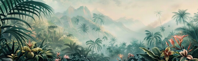 Colorful tropical rainforest. palm leaves and other plants. Aloha textile collection. Tropical forest with dense vegetation of trees, shrubs and vines. AI generated illustration