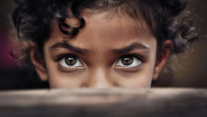 Fototapeta premium A close-up portrait of a little boy's face. He has big, brown eyes that are looking directly at the camera. Her skin is smooth, and he has curly hair that frames her face