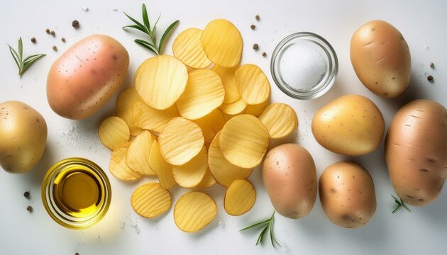 Chips, pommes de terre, sel et huile sur fond blanc