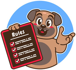 A cartoon pug carrying a rule board