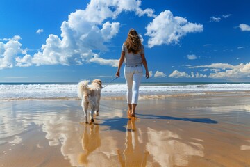 Woman and dog enjoying stroll on sandy beach with peaceful ocean and blue sky background