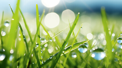 Morning Dew on Green Grass with Sunlight Sparkles Macro Shot