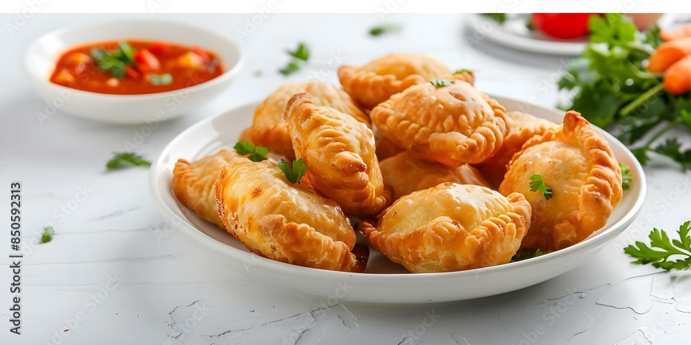 Wall mural Chicken curry puffs on a white table high definition image background. Concept Photography, Food Styling, Recipe Inspiration, Snack Presentation, Culinary Delight - Wall murals