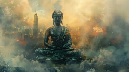Buddha statue amidst cityscape and smoke, symbolizing peace amidst chaos.