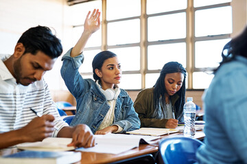 University, questions or woman with hand up in classroom for exam, test or help with school...