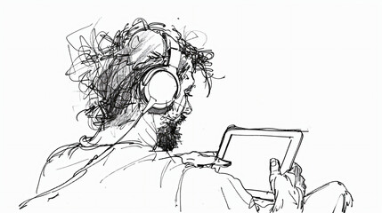 Black And White Line Drawing Of Man With Headphones On, Sitting In The Back Looking At Tablet Computer Screen, Messy Hair And Beard, Side View, White Background