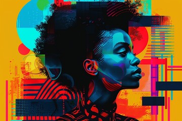 This abstract portrait of a Black man for Black History Month showcases bold geometric shapes symbolizing strength and unity, with a vibrant color palette