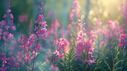 Obraz premium Blooming Pink Fireweed Flowers The Flowering Willow herb or Sally in Blossom
