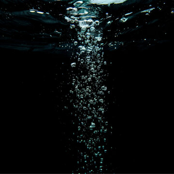 Underwater shot of vertical bubbles in a fish tank,  underwater on a solid black background, a small tube in a fish tank, the small tube is spraying air out, water bubbles in the tank