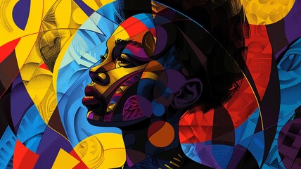 This abstract portrait of a Black man for Black History Month showcases bold geometric shapes symbolizing strength and unity, with a vibrant color palette