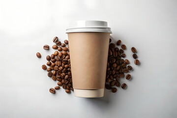 Craft paper coffee cup mockup and coffee beans, blank  top view isolated on white background. Copy space. Coffee take away branding mock up template 