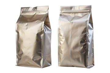 Foil paper bag front and back view mockup isolated on white background. Coffee empty packaging template mock up . Aluminium coffee package template. PNG