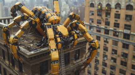 A robot spider is on top of a building