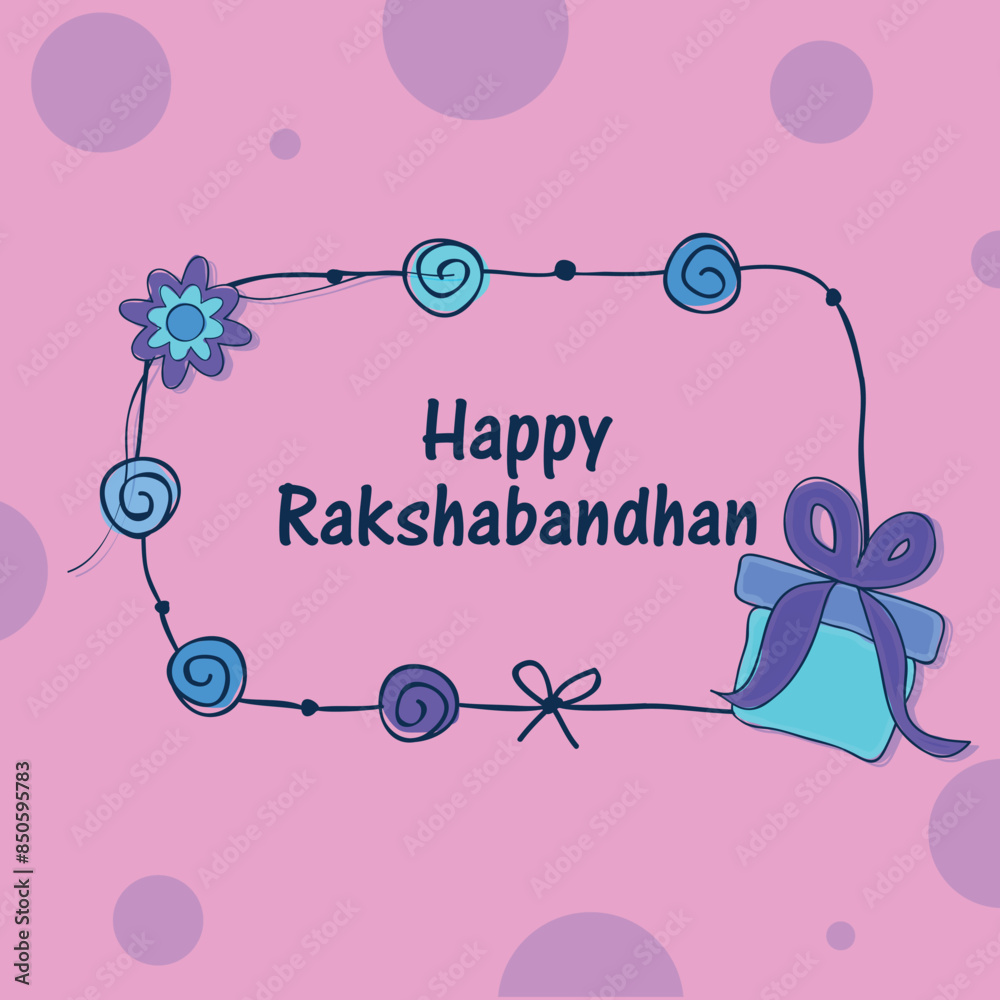 Sticker happy raksha bandhan greeting card with gift box, rakhi decorated on pink background.