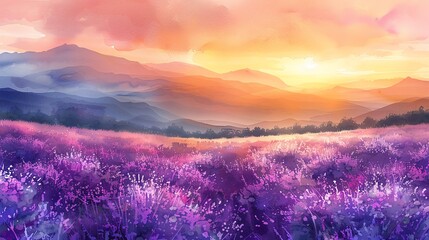Purple lavender field at sunset with mountains in the background.