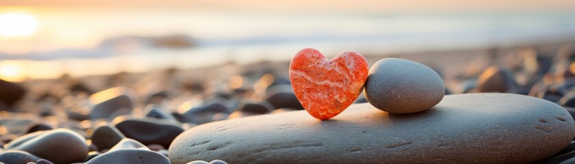 Obraz premium Two stone hearts (heart - shaped pebbles) on a wooden walkway of a beach at sunset 