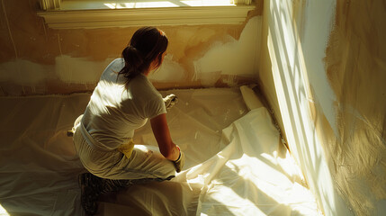 A woman is painting a room