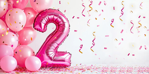 Festive setup for a second birthday with pink balloons, confetti, and a number 2 balloon