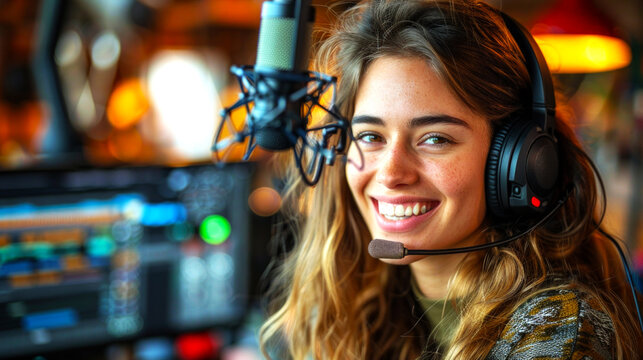 two radio announcers with happy expressions, in front of the microphone, giving something interesting to the listeners, female radio announcer