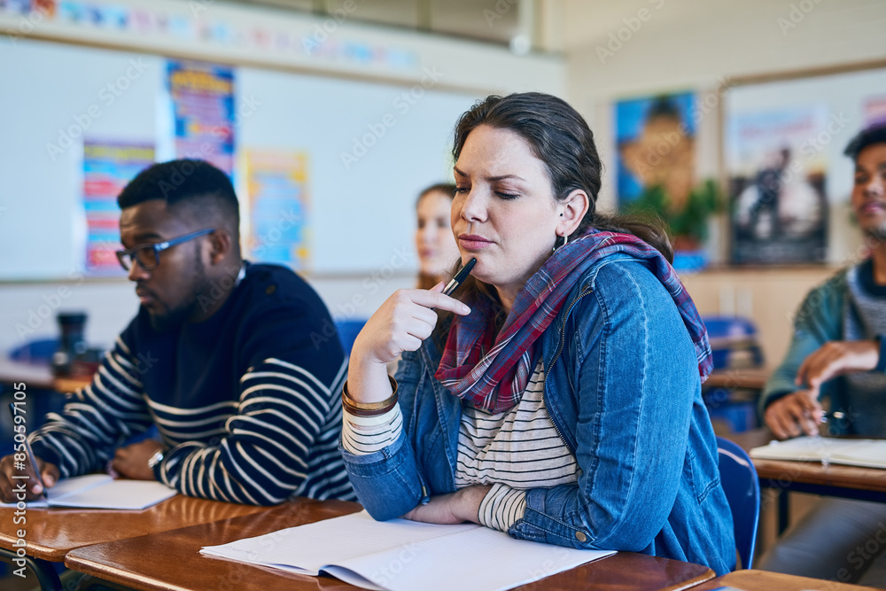 Poster Student, thinking and woman reading in university classroom for education, test or exam. Idea, college and study in lecture for problem solving, doubt or brainstorming solution for learning knowledge