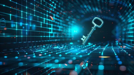 Hologram style image of a key floating in a futuristic digital space with glowing blue lights and grids