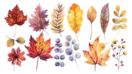 Obraz premium Autumn leaf and flower collection, watercolor painting, fall tones, isolated on white background