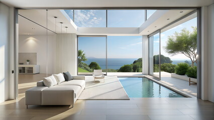 Minimal style modern white empty room with open sliding door to terrace overlooking nature , sea and swimpool view background .Contemporary home design.