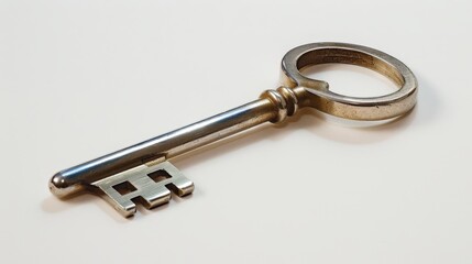 Studio photo of a metallic key with light reflecting off its surface on a plain white backdrop