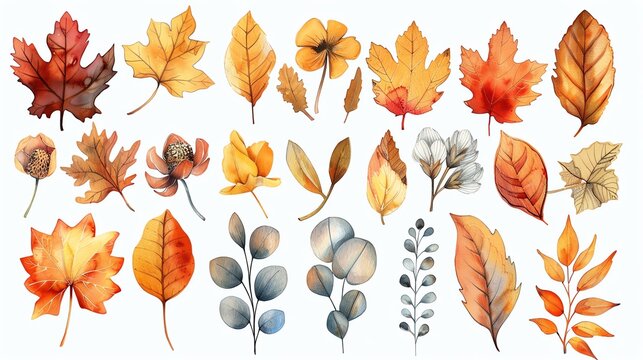 Hand-painted watercolor autumn leaves and branches collection, perfect for fall designs.