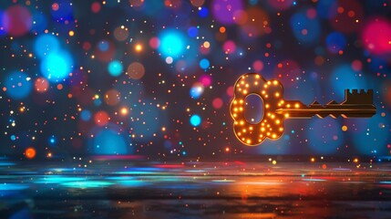 Studio photo of a key with holographic light patterns projected onto it against a seamless backdrop