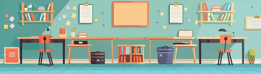 student desk flat design side view learning environment theme animation vivid
