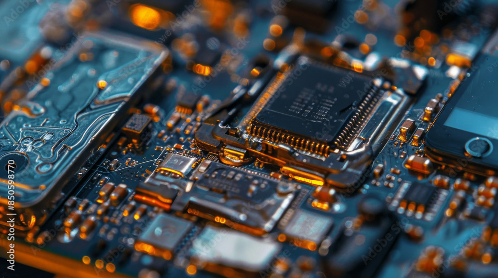 Poster a close up of a computer chip with a lot of detail