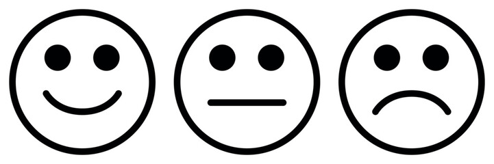 Fototapeta premium emoticon icon set, three emoji - happy, sad and neutral, symbol of smiley face, black and white vector illustration