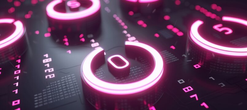 Neon binary code grid with swirling abstract shapes for visually striking digital display