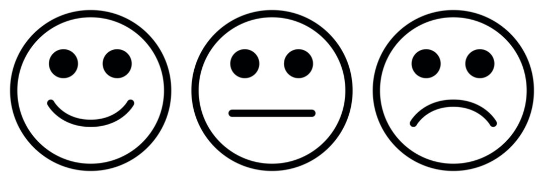 Naklejki emoticon icon set, three emoji - happy, sad and neutral, symbol of smiley face, black and white vector illustration