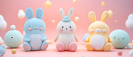 3D clay, Adorable clay pet dolls ,muted pastels, Blender 3d, Easter bunny with colorful eggs and cute , kawaii pets model, dolls decorations