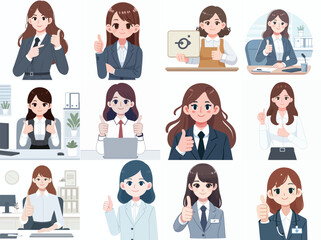 vector set of a female employee expressing a thumbs up in a flat design style