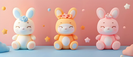 Obraz premium 3D clay, Adorable clay pet dolls ,muted pastels, Blender 3d, Easter bunny with colorful eggs and cute , kawaii pets model, dolls decorations