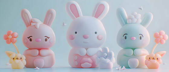 Obraz premium 3D clay, Adorable clay pet dolls ,muted pastels, Blender 3d, Easter bunny with colorful eggs and cute , kawaii pets model, dolls decorations
