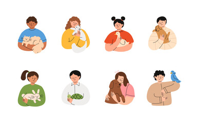 Children with their pets. Kids holding different home pets. Set of happy domestic animal owners. Flat vector illustrations