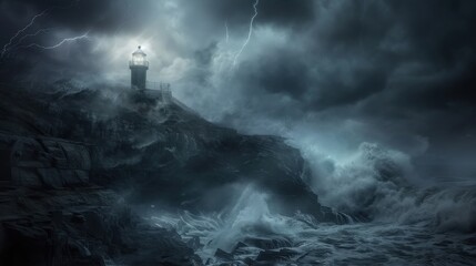 A lighthouse is on a rocky cliff overlooking the ocean. The sky is dark and stormy, with waves crashing against the rocks. The lighthouse is lit up, providing a sense of hope