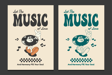 retro 70s poster or graphic t-shirt design with vinyl record mascot cartoon character, vector illustration