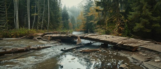 Fototapeta premium Collapsed bridge and damaged trees along a river in a forest 
