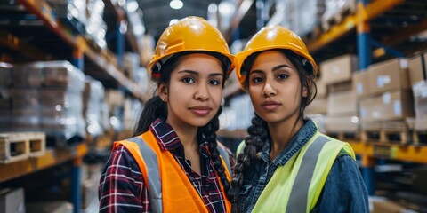 Two young hispanic female warehouse workers wearing hard hats and reflective vests looking at the camera, independent women, Labor Day, working day, New Year, Spring Festival, Christmas, overtime, HD 