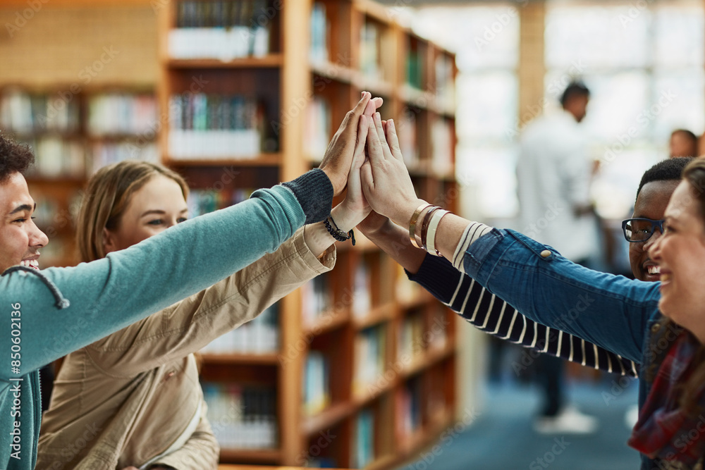 Aufkleber students, group and high five in library for learning, knowledge and education goals, support or tea