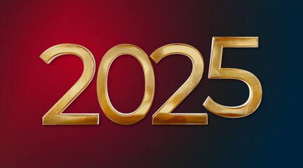Golden 2025 symbol, glossy metallic on red and blue background
