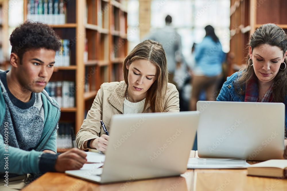 Poster laptop, preparation and friends learning at library for education, knowledge or test research in col
