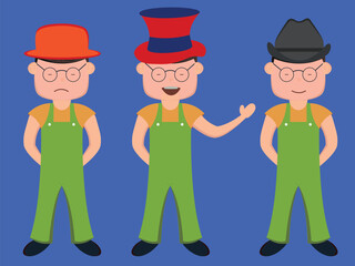 Character of boy wearing hat and glasses in different expression mood.