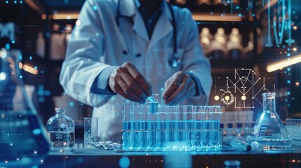 Scientist Working in a High-Tech Laboratory - A scientist in a white lab coat performs an experiment in a modern laboratory setting, with a futuristic digital overlay.
