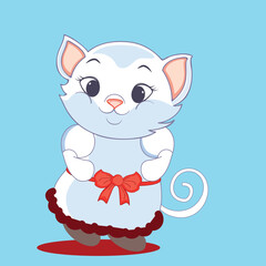 Cute Dancing Cartoon Cat with Wearing Bow Dress Illustration.